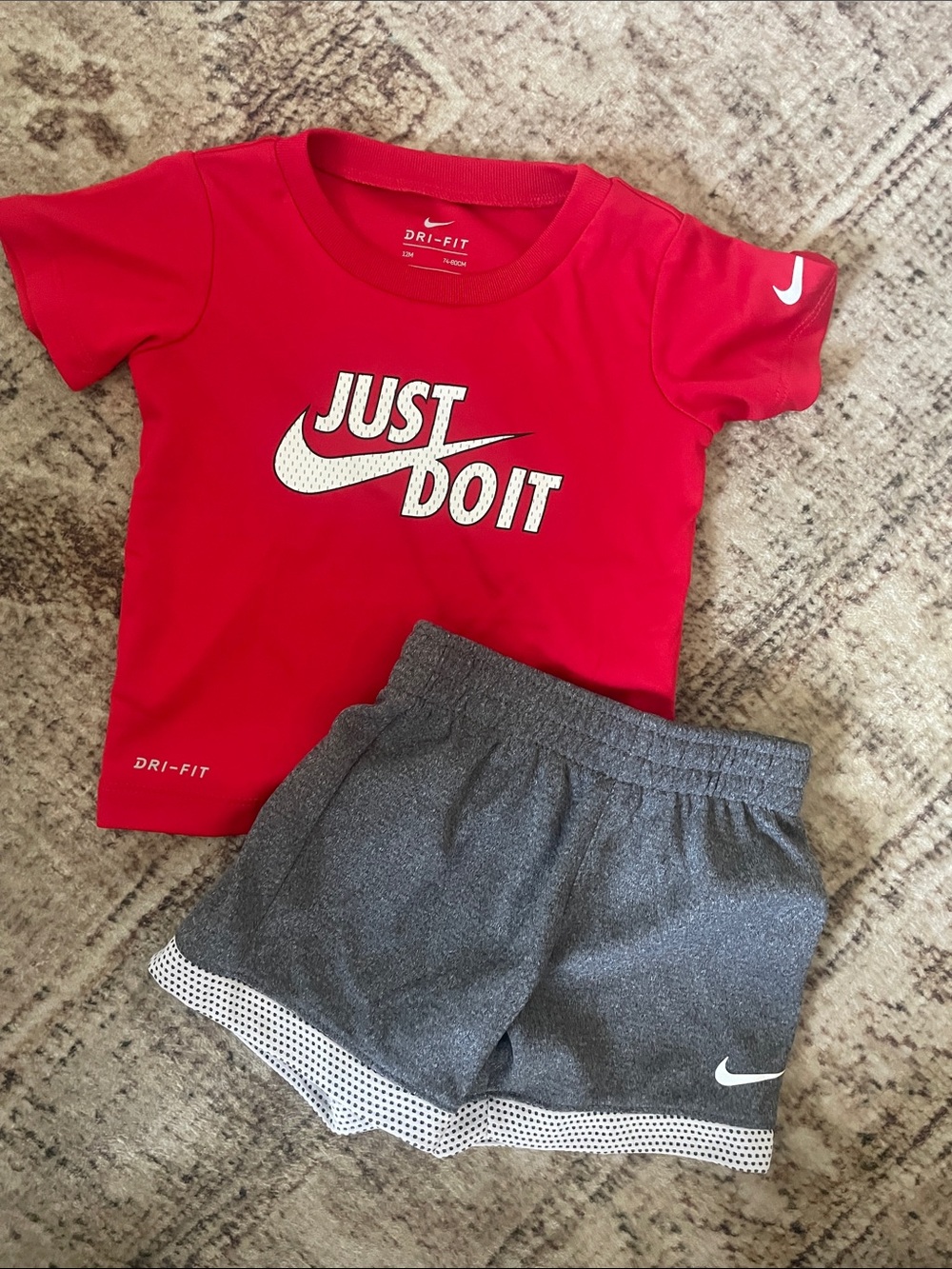 Nike Red Dri-FIT 'Just Do It' Tee with Gray Athletic Shorts 12 month set